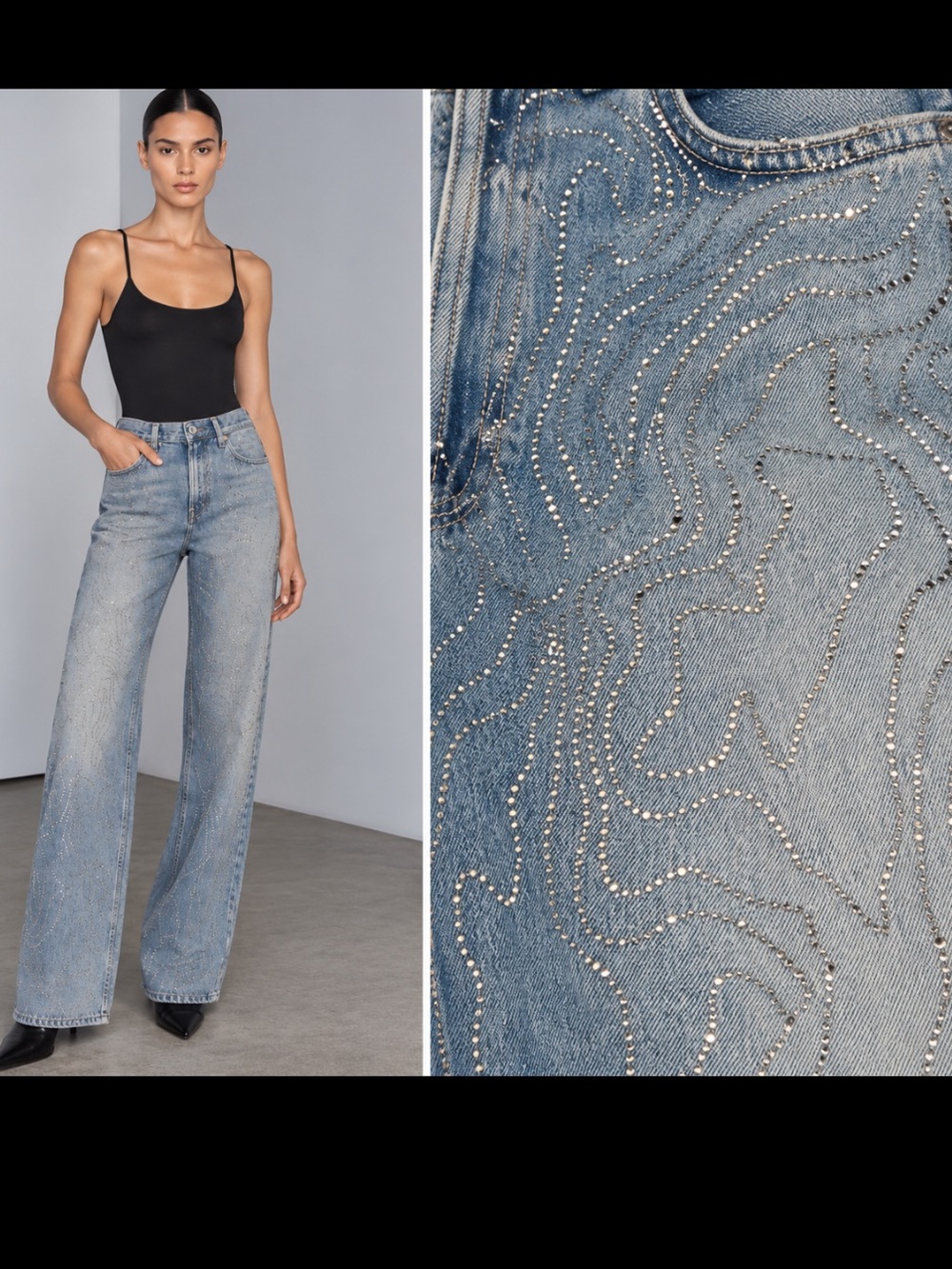 Zara NWT Rhinestone Embellished Wide Leg Jeans Light Wash Size 38 US 6